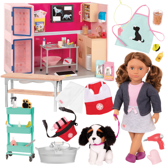 Our Generation Playset - Maddie & Healthy Paws Vet Clinic 18" Doll & Pet Bundle