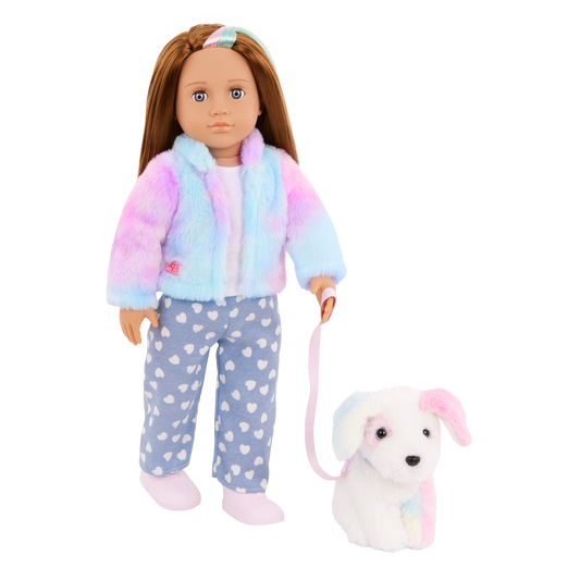Our Generation Skylar & Bow Matching 18'' Doll & Pet Rainbow Puppy Set