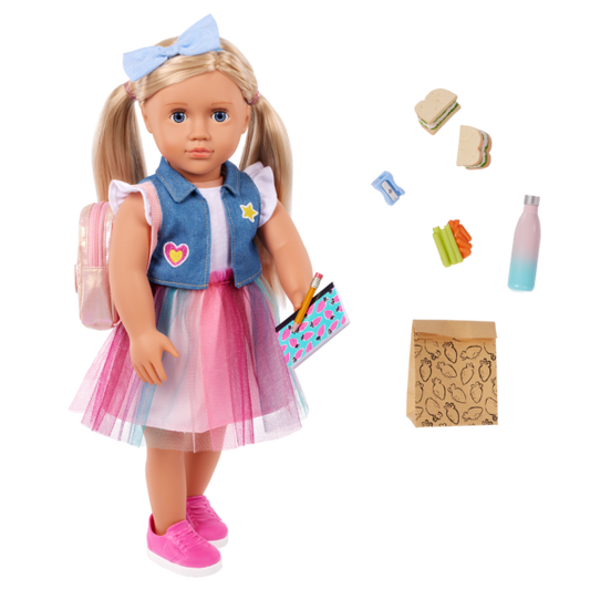 Our Generation Evie 18" School Doll in Rainbow Skirt with Backpack & Accessories Set