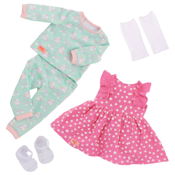 Our Generation Gillian 18" Doll with Pink Dress & Rainbow Pajama Outfit
