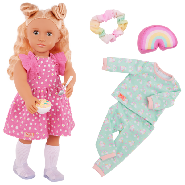 Our Generation Gillian 18" Doll with Pink Dress & Rainbow Pajama Outfit