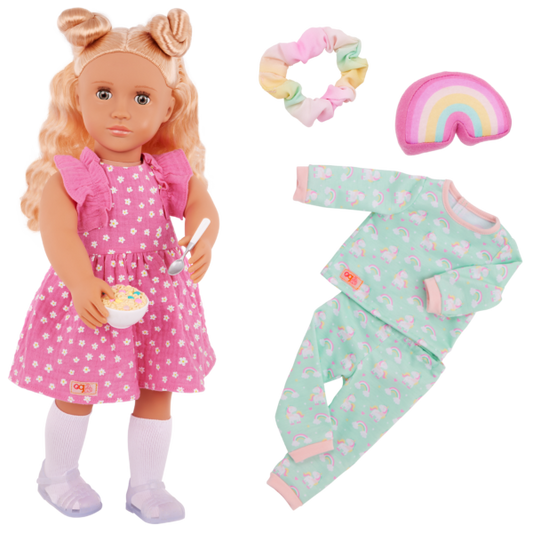 Our Generation Gillian 18" Doll with Pink Dress & Rainbow Pajama Outfit
