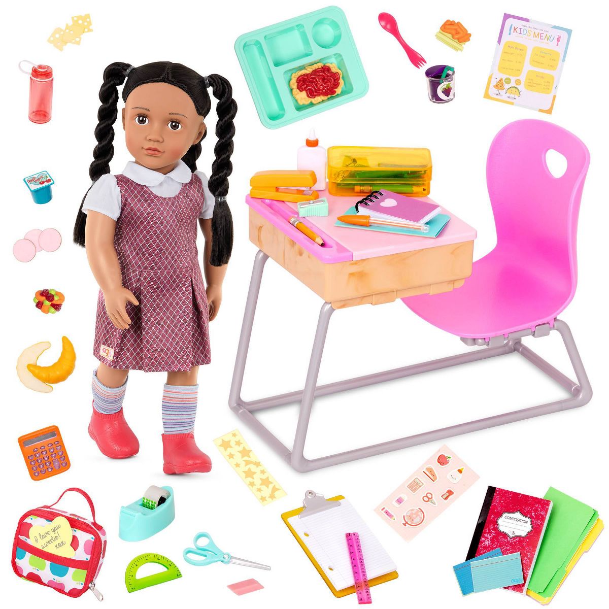Our Generation Frederika & Flying Colors Desk Accessory Set 18" Doll School Bundle